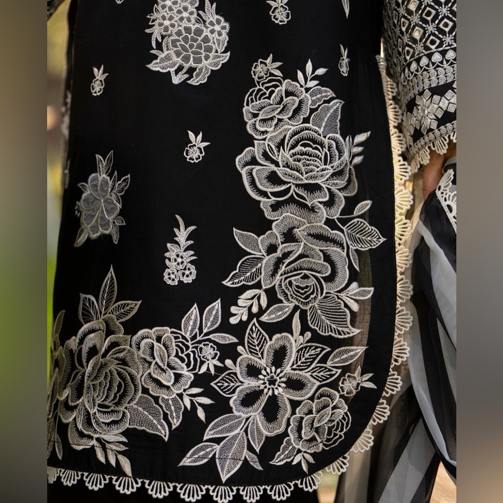 Elegant Black and White Floral embroidered Dress with Striped dupatta 3 pc dress - Picture 3 of 4